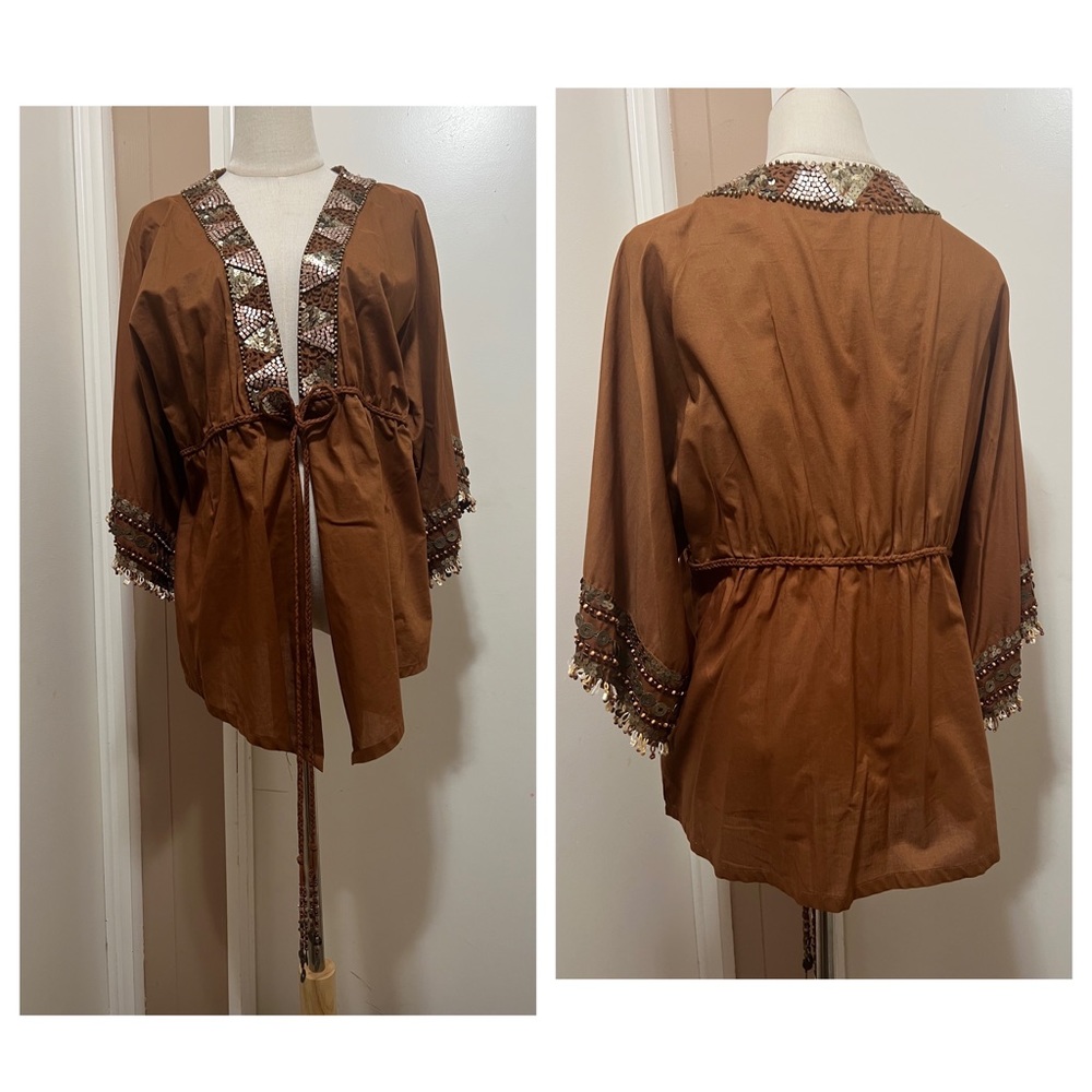 VTG Haven Bleu Womens XL Beaded Sequins Brown Kimono Top Tie Front.